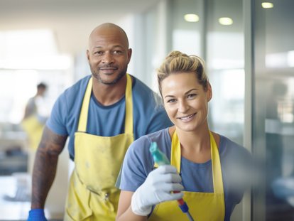 Zwei Reinigungskräfte stehen in modernem Büro; eine Person hält einen Wischer in der Hand. Klicke auf das Bild, um auf die Seite Karriere zu kommen.