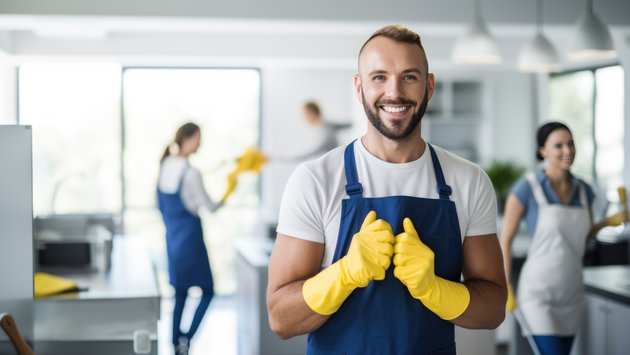 Reinigungskraft mit gelben Handschuhen steht lächelnd im Vordergrund, während im Hintergrund weitere Reinigungskräfte Oberflächen in heller Küche reinigt.