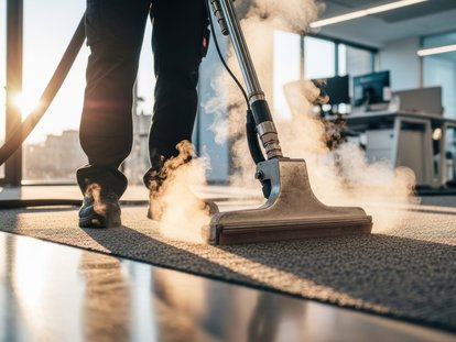 Reinigungskraft reinigt Teppichboden mit Dampfreiniger im Büro. Klicke auf das Bild, um auf die Seite Textilreinigung zu kommen.