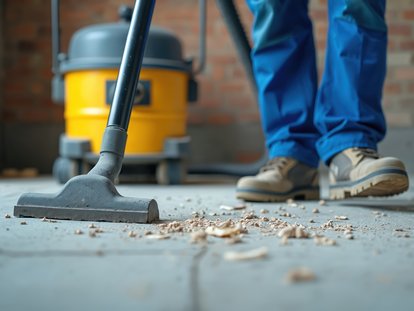 Reinigungskraft saugt Staub und Bauschutt mit Industriestaubsauger vom Boden während der Bauendreinigung in Innenraum. Klicke auf das Bild, um auf die Seite Bauendreinigung zu kommen.