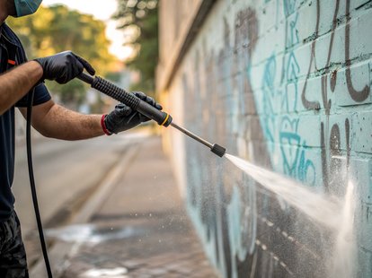 Reinigungskraft entfernt Graffiti von Außenwand mit einem Hochdruckreiniger. Klicke auf das Bild, um auf die Seite Sonderleistung zu kommen.